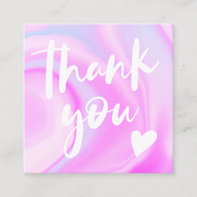 Purple script font rainbow marble pastel thank you square business card (Front)