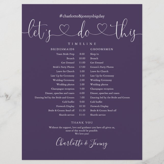 Purple Script  Heart Wedding Schedule Timeline (Front)