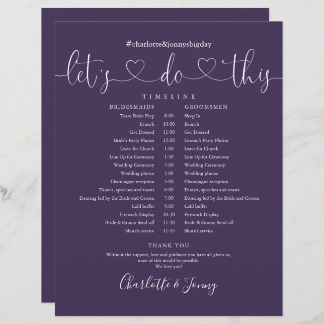 Purple Script  Heart Wedding Schedule Timeline (Front/Back)