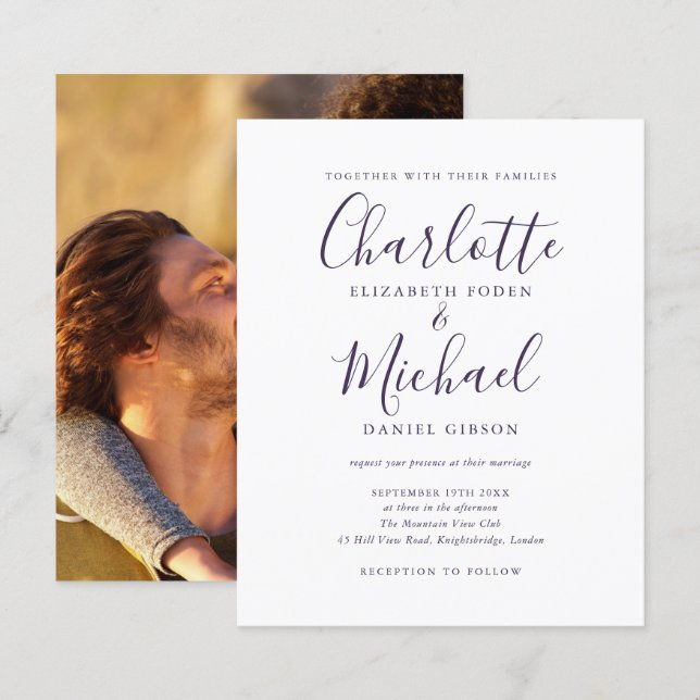 Purple Script Photo Budget Wedding Invitation (Front/Back)