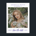 Purple Script Sweet 16 Photo Save the Date Announcement Postcard<br><div class="desc">Beautifully Sweet 16 save the date postcard with a photo and a pretty script. Add the birthday girl's name and the details of the sweet sixteen celebrations in purple fonts against a white background.</div>