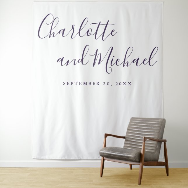 Purple Script Wedding Photo Booth Backdrop Tapestry (In Situ)