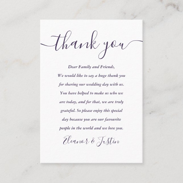 Purple Script Wedding Thank You Place Card (Front)
