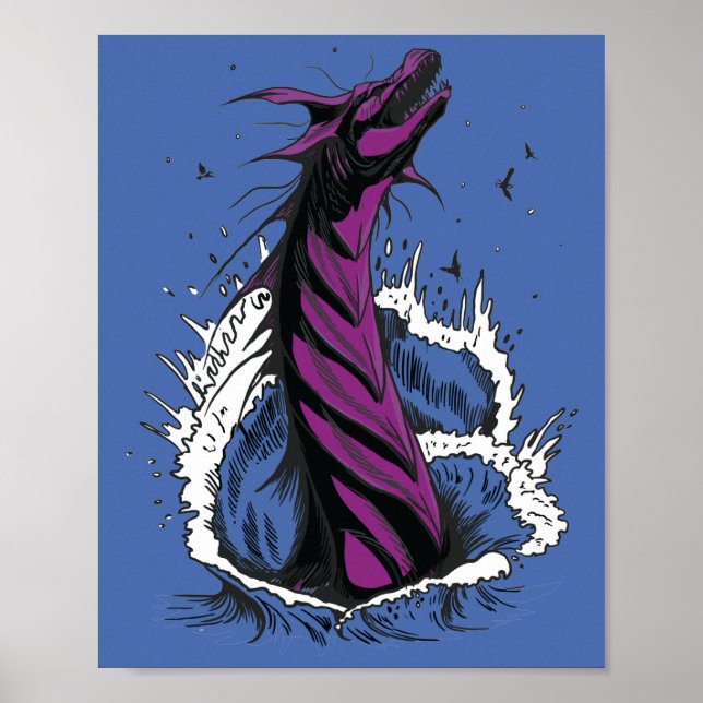 Purple Sea Monster Serpent Ocean Waves Poster (Front)
