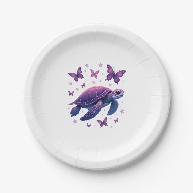 Purple - Sea Turtle Butterfly T-Shirt Paper Plate (Front)