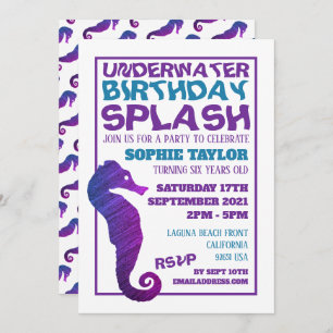 Purple Seahorse, Aquatic Birthday Party Invitation