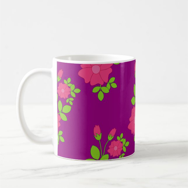 Purple seamless pattern with pink flowers and gree coffee mug (Left)