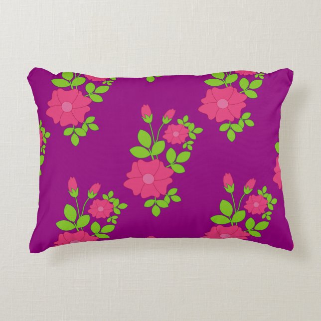 Purple seamless pattern with pink flowers and gree decorative cushion (Front)