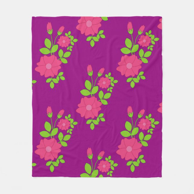 Purple seamless pattern with pink flowers and gree fleece blanket (Front)
