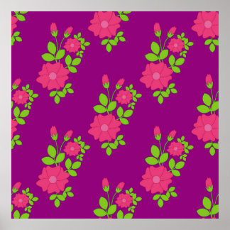 Purple seamless pattern with pink flowers and gree poster