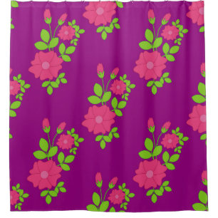 Purple seamless pattern with pink flowers and gree shower curtain