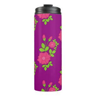 Purple seamless pattern with pink flowers and gree thermal tumbler