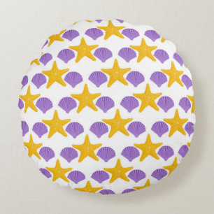 Purple Seashells Yellow Starfish Marine Life Round Cushion