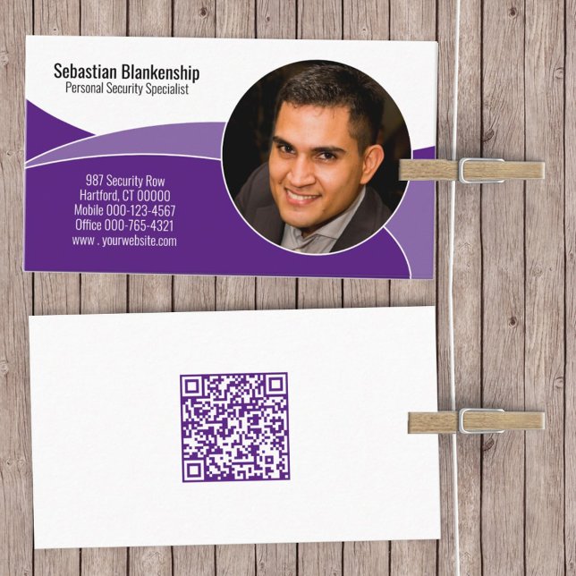 Purple Security Professional Custom Photo QR Code  Business Card (Creator Uploaded)