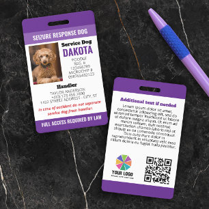 Purple Seizure Response Dog Logo QR Photo ID Badge