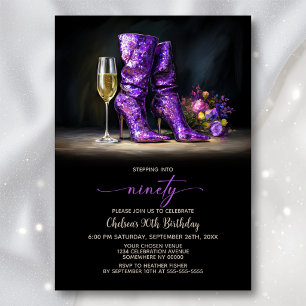 Purple Sequin Boots 90th Birthday Party Invitation