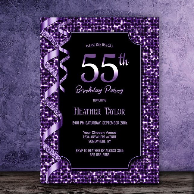 Purple Sequins 55th Birthday Party Invitation (Creator Uploaded)