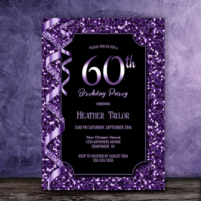 Purple Sequins 60th Birthday Party Invitation (Creator Uploaded)