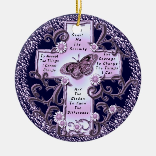 Purple Serenity Prayer Cross Ceramic Tree Decoration (Front)