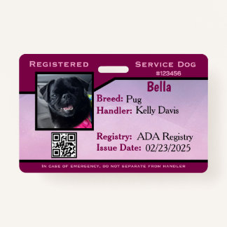 Purple service dog ID card ID Badge