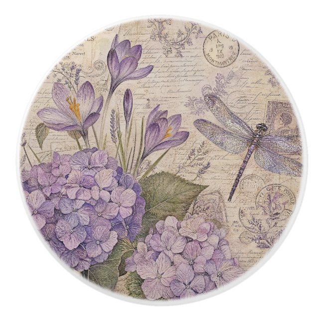 Purple Shabby Chic Hydrangeas Ceramic Knob (Front)