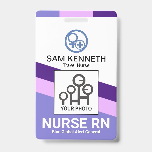 Purple Shade Stripes Medical Hospital Nurse Photo ID Badge (Front)
