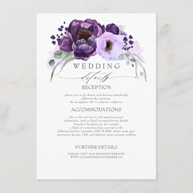 Purple Shades Flowers Wedding Information Enclosure Card (Front)