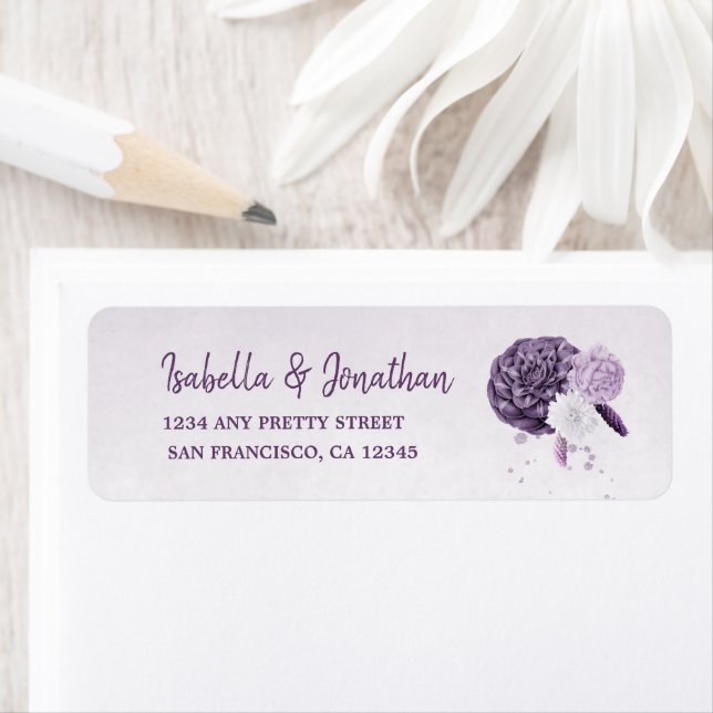 purple shades flowers wedding return address (Insitu)