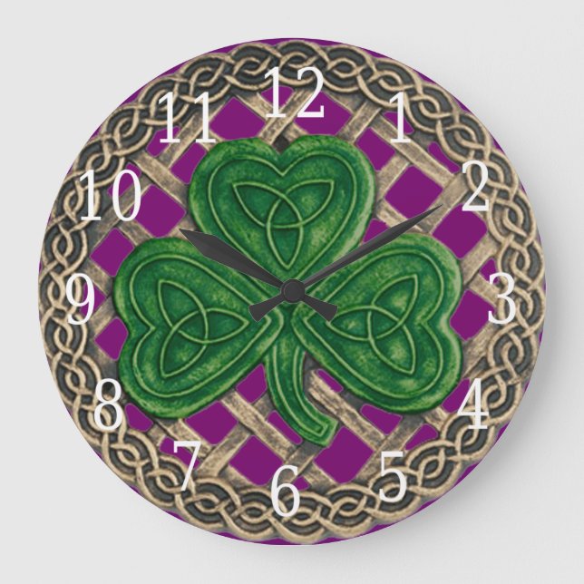 Purple Shamrock And Celtic Knots Round Clock (Front)