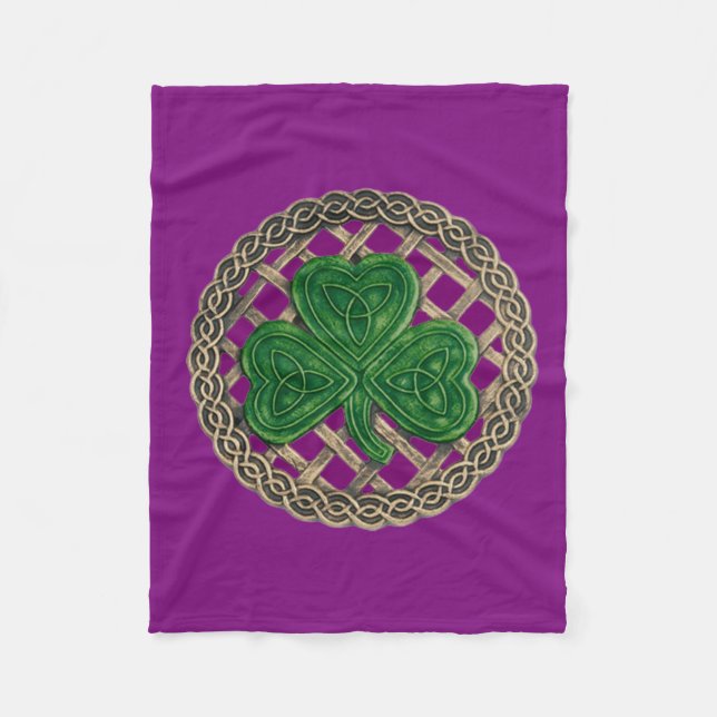 Purple Shamrock On Celtic Knots Fleece Blanket (Front)