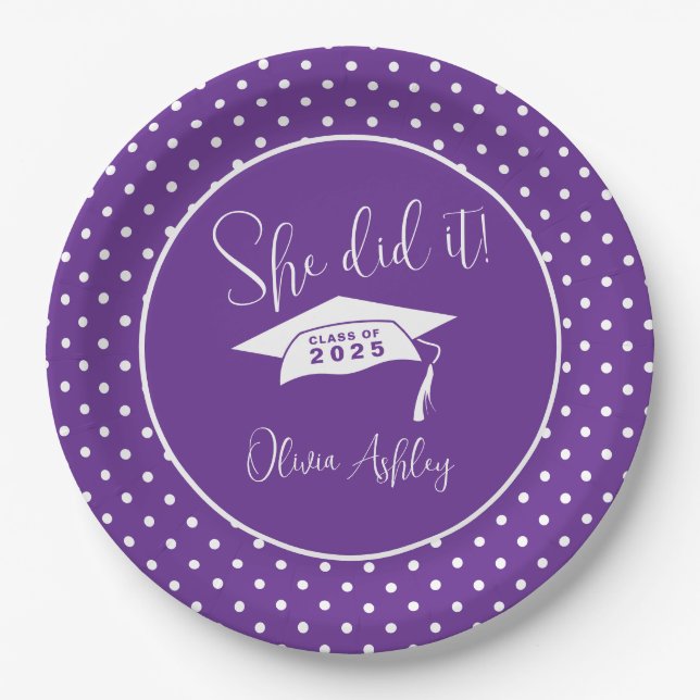 Purple She Did It Graduation Paper Plate (Front)