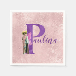 Purple Shimmer Illustrated Letter P Add Name  Napkin
