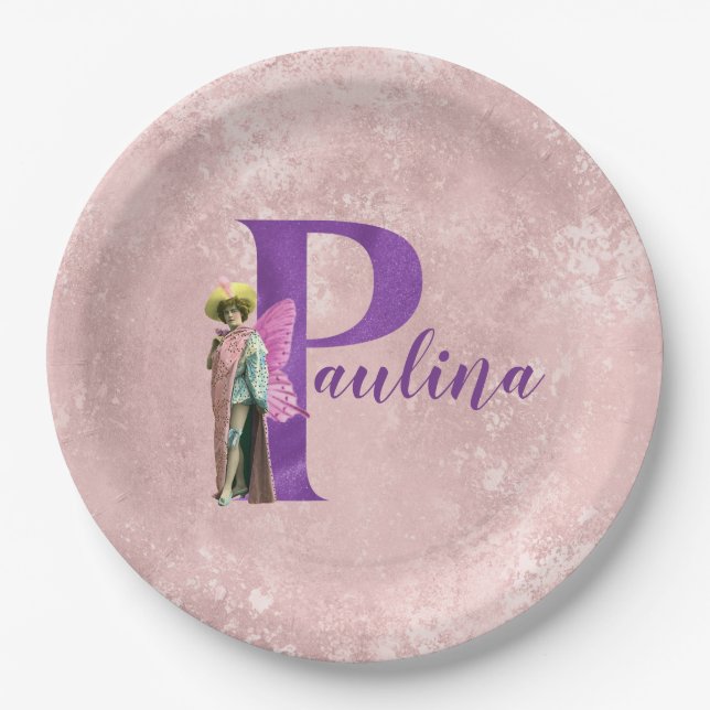 Purple Shimmer Illustrated Letter P Add Name  Paper Plate (Front)
