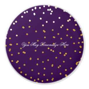 Purple & Shiny Gold Faux Foil Confetti Dots Glam Ceramic Knob