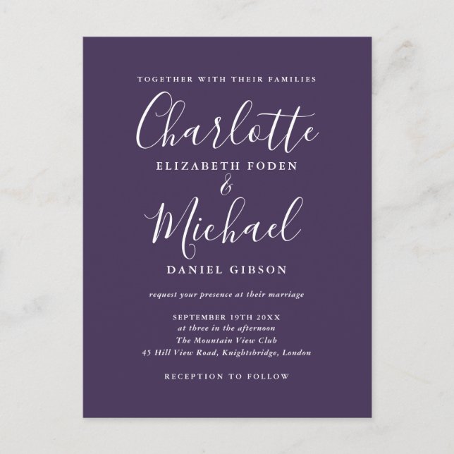Purple Signature Script Photo Wedding Invitation Postcard (Front)