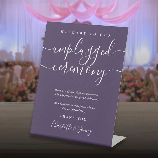 Purple Signature Script Unplugged Ceremony Pedestal Sign (Purple Signature Script Unplugged Ceremony Pedestal Sign)
