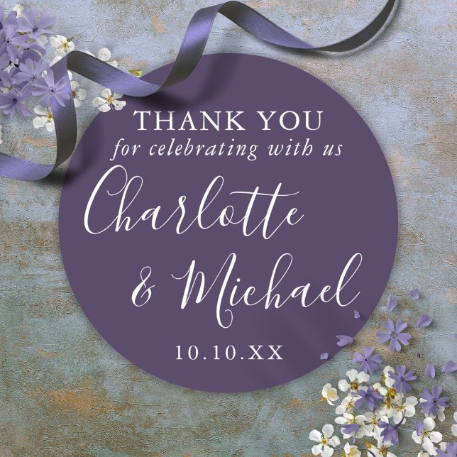 Purple Signature Wedding Favor Thank You Classic Round Sticker (Purple Signature Wedding Favor Thank You Classic Round Sticker)