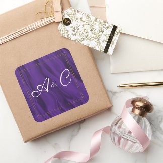 Purple Silk and Gold Monogrammed Square Sticker