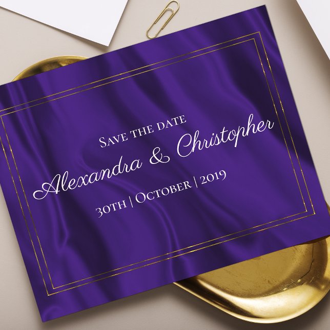 Purple Silk and Gold Wedding Save the Date Announcement Postcard (Creator Uploaded)