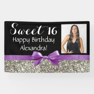 Purple Silve Glitter Photo Sweet 16 Birthday Party Banner