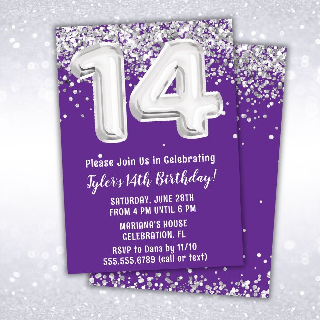 Purple Silver 14th Birthday Party Invitation (Creator Uploaded)