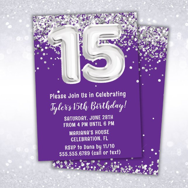 Purple Silver 15th Birthday Party Invitation (Creator Uploaded)