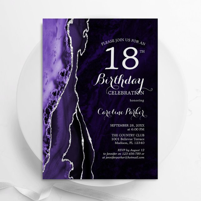 Purple Silver Agate 18th Birthday Invitation (Creator Uploaded)