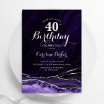 Purple Silver Agate 40th Birthday Invitation<br><div class="desc">Purple and silver agate 40th birthday party invitation. Elegant modern design featuring watercolor agate marble geode background,  faux glitter silver and typography script font. Trendy invite card perfect for a stylish women's bday celebration. Printed Zazzle invitations or instant download digital printable template.</div>