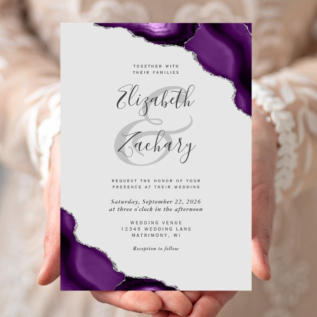 Purple Silver Agate Corners Pale Grey Wedding Invitation (Creator Uploaded)