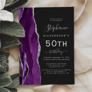 Purple Silver Agate Dark 50th Birthday Party Invitation