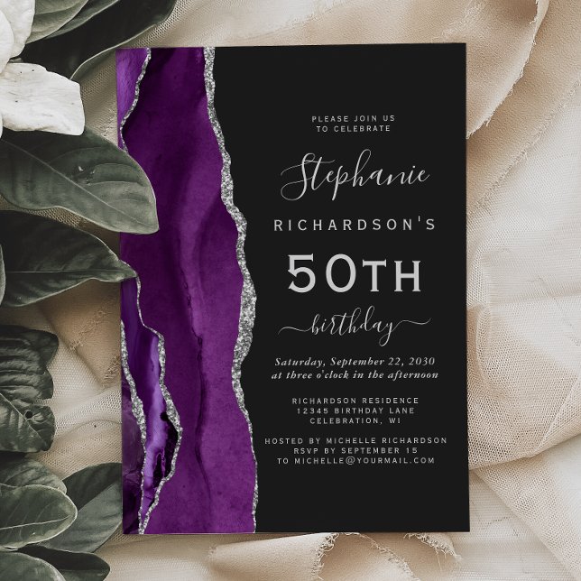 Purple Silver Agate Dark 50th Birthday Party Invitation (Creator Uploaded)