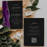 Purple Silver Agate Dark QR Code Wedding Invitation<br><div class="desc">The left-hand edge of this elegant modern wedding invitation features a purple watercolor agate border trimmed with faux silver glitter. The customisable text combines silver grey script and sans serif fonts on a slate black background. The reverse side provides space for wedding details on a solid slate black background, along...</div>