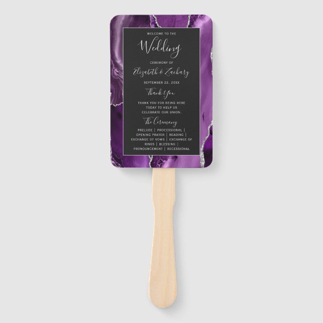 Purple Silver Agate Dark Wedding Program Hand Fan (Front)