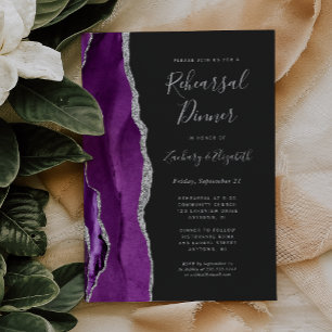 Purple Silver Agate Dark Wedding Rehearsal Dinner Invitation